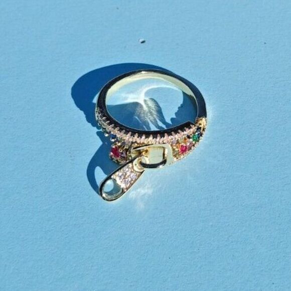Unique Gold Zipper Ring Multicolored Baguette Stones Size 8 - Picture 2 of 4